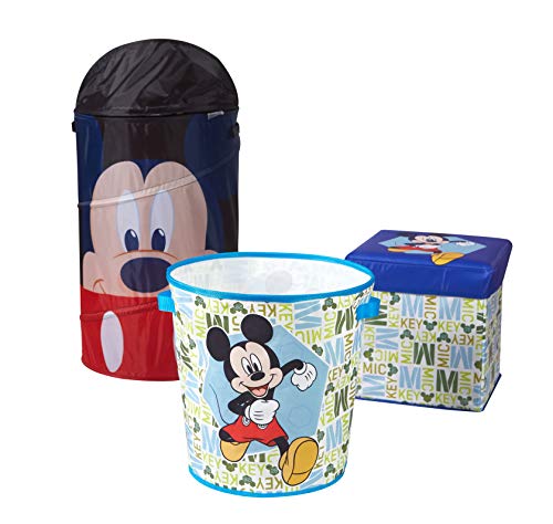 Idea Nuova Disney Mickey Mouse 3 Piece Collapsible Storage Set with Collapsible Ottoman, Bin and Figural Dome Pop Up Hamper, Multicolor