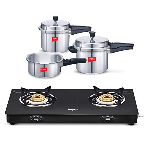 Impex KSC-2 Kitchen Special Combo of 2 Burner Glasstop Gas Stove and 2,3 & 5 litres Pressure Cooker Combo - Outer Lid, Aluminium, Silver