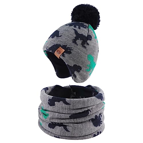 JANGANNSA Knitted Dinosaur Baby Hat Scarf Set Winter Warm Boys Girls Beanie Fleece Lining Toddler Kids Hat with Pompom (Gray Dinosaur, M)