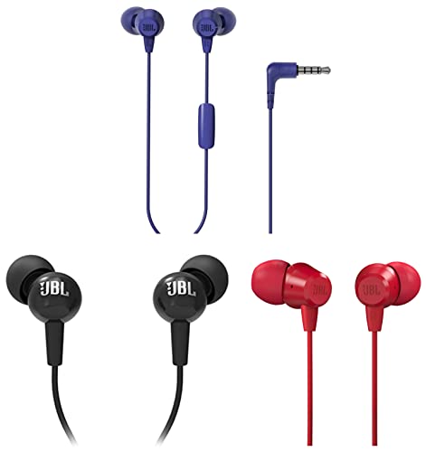 JBL C100SI Wired in Ear Headphones with Mic, Pure Bass Sound (Black) & C50HI, Wired in Ear Headphones with Mic & Comfortable fit (Blue) & C50HI, Wired in Ear Headphones with Mic