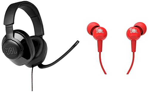 JBL Quantum 100, Wired Over Ear Gaming Headphones with mic & C100SI Wired in Ear Headphones with Mic, Pure Bass Sound, One Button Multi-Function Remote, Premium Metallic Finish