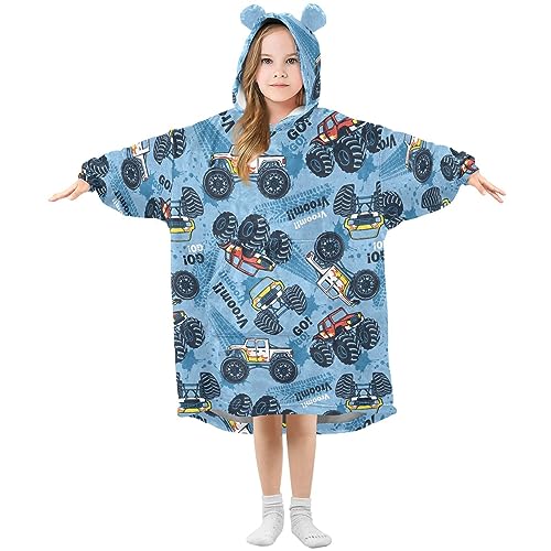 JHKKU Monster Truck Car Wearable Blankets for Kids, Super Soft Warm Cozy Oversized Blanket Hoodie, Unique Gifts Boys Girls Teens with Giant Pocket
