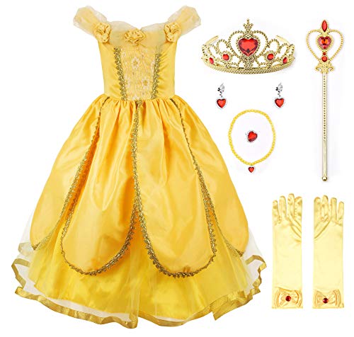 JerrisApparel Christmas Party Fancy Costume Deluxe Princess Dress Up for Girls (8, Yellow One with Accessories)