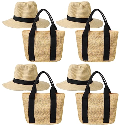 Jiuguva 8 Pcs Straw Beach Bag and Wide Brim Straw Beach Hat for Women Straw Purses Woven Tote Bag Straw Hat Shoulder Handbags for Girls Women, Beige and Black