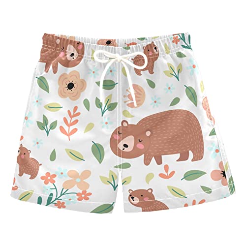 Joisal Cute Pattern Hand Drawn Swim Short Boys Swim Suits with Mesh Lining 2-12 Years Old, Cute Bears Family Flowers Pattern, 5T