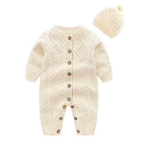 JooNeng Baby Newborn Cotton Knitted Sweater Romper Longsleeve Outfit with Warm Hat Set,Beige,3-6 Months