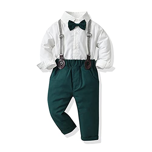 JunNeng Baby Boy Outfits Suits Formal Clothes Sets,Toddler Gentleman Bowtie Dress Shirt+Suspender Pants Wedding outfit, Green, 2-3 Years