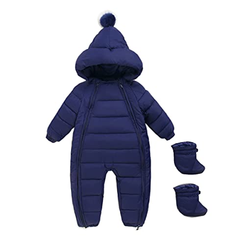 JunNeng Baby Newborn Thick Hooded Winter Snowsuit Romper Boy Girl Snow Wear with Foldable Mittens,Navy Blue