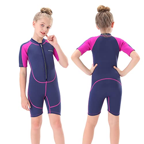Kids Wetsuit Shorty, 2mm Neoprene Thermal Swimsuit Toddlers Girls Boys Front Zipper Keep Warm for Diving Surfing Swim Lessons (Girls, 10)