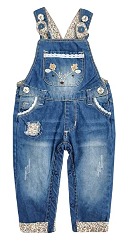 Kidscool Space Baby Girls Easy Diaper Changing Snap Legs Deer Embroidered Denim Overalls,Blue,12-18 Months