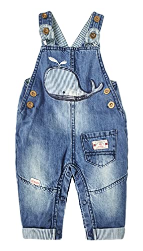 Kidscool Space Baby Girls Easy Diaper Changing Snap Legs Whale Embroidered Denim Overalls,Blue,18-24 Months