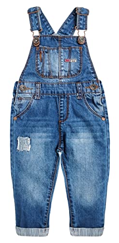 Kidscool Space Baby&Little Boys Girls Big Bib Pocket Patched Washed Cotton Denim Overalls,Blue,18-24 Months