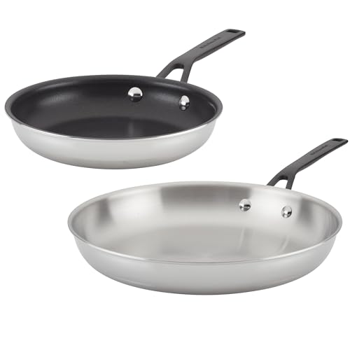 KitchenAid 5-Ply Clad Stainless Steel and Nonstick Induction Frying Pans/Skillet Set, 8.25 Inch and 12.25 Inch - Polished Stainless Steel