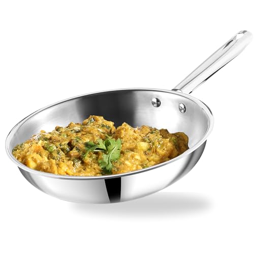 Kraft Futuretec Triply Stainless Steel Frypan - 2.2 Litre (24cm) | 2.5mm Thick | Strong Riveted Handle | Induction and Gas Base | 5 Year Warranty | Toxin Free - Silver