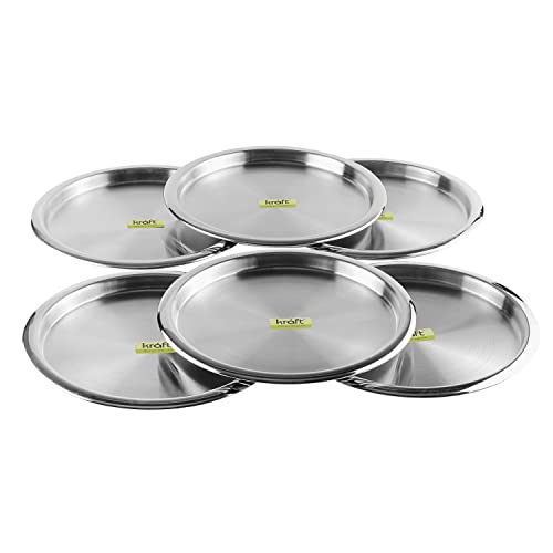 Kraft Premium Traditional Stainless Steel Plate Set of 6 - 31cm Diameter | Heavy Gauge Dinner Set | Mirrir Finish, Food Grade | 2 Year warranty - Silver