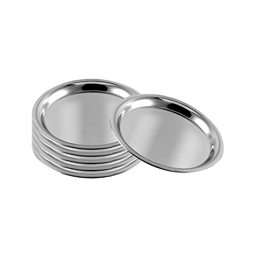 Kraft Round Stainless Steel Thali Set of 6 pcs (30 cm Dia) | Classic Design | Mirror Finish, Food Grade | Steel Serving Plate for Dinner | 2 Year Warranty - Silver