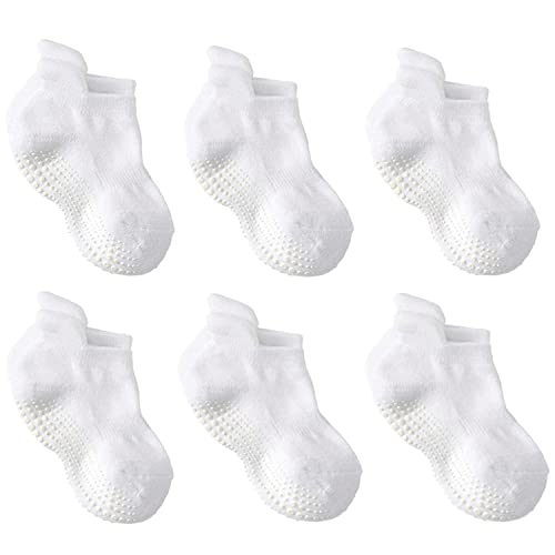 LA Active Grip Ankle Socks - Cozy Warm Socks - Baby Toddler Infant Newborn Kids Boys Girls Non Slip/Anti Skid, White - 12 Pairs, 4-7 Years