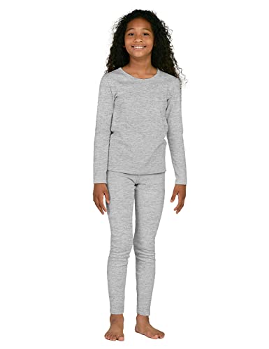 LAPASA 100% Cotton Thermal Underwear Set for Girls, Ultra Soft Kids Long Johns, Winter Base Layer Top and Bottom G09, Large, Heather Gray