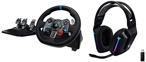 Logitech G29 Driving Force Racing Wheel and Floor Pedals, Real Force, Stainless Steel Paddle Shifters & 33 Lightspeed Bluetooth Wireless Gaming Over Ear Headphones