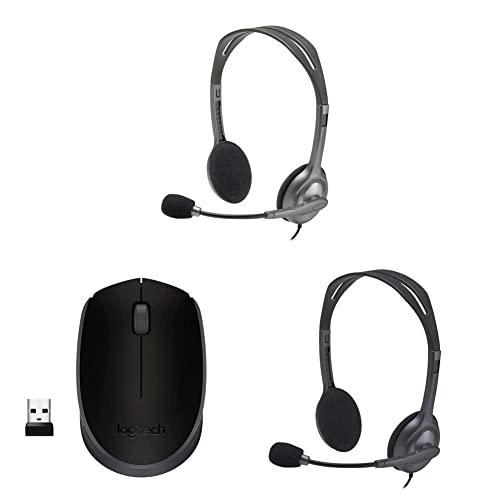 Logitech H110 Wired Headset, Stereo Headphones- Black & B170 Wireless Mouse, 2.4 GHz with USB Nano Receiver - Black & H111 Wired On Ear Headphones with Mic Black