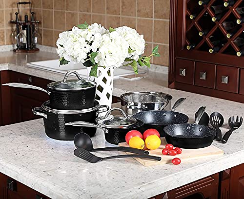 MAISON ARTS Kitchen Cookware Sets - 15 Piece Nonstick Pots and Pans Sets with Granite Hammered for Induction & Dishwasher Safe, Oven, Stovetop, Black