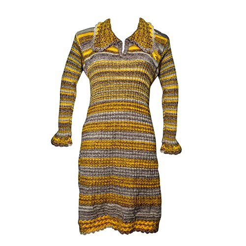 MERA HAAT Woolen Hand Knitted Full Sleeves Formal Casual Stylish Long Sweater Pullover Dress with Crosia Knitted Collar Neck for Girls and Women Winter Wear Yellow