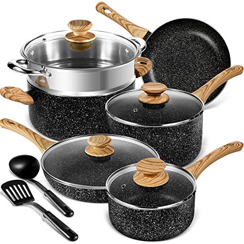 MICHELANGELO Pots and Pans Set Nonstick, Granite Kitchen Cookware Sets 12 Pcs Non Toxic Cookware Set Induction Compatible, Black Granite Pots and Pans Set with Spatula & Spoon