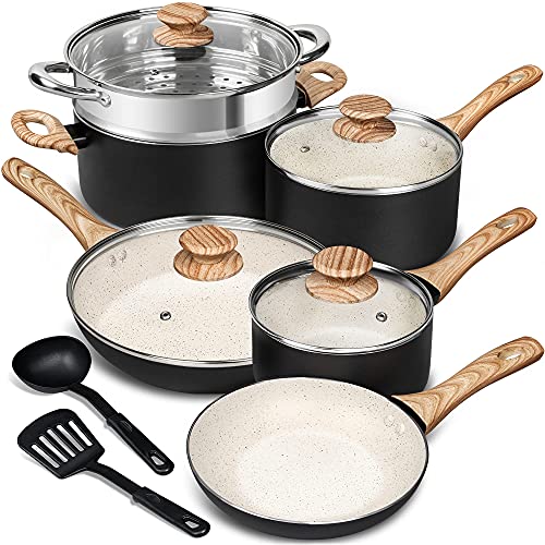 MICHELANGELO White Granite Pots and Pans Set Nonstick, 12 Pcs Kitchen Cookware Sets with Bakelite Handle, Non Toxic Cookware Set with Spatula & Spoon, Nonstick Pots and Pans Set Induction Compatible