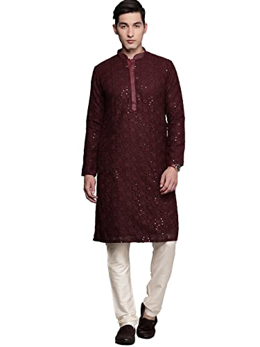 Manyavar Kurta Set for Men, Full Sleeves Mandarin Collar Ethnic Set for Engagement & Wedding, Party All Over Self Design Kurta Set Georgette (Maroon, M)