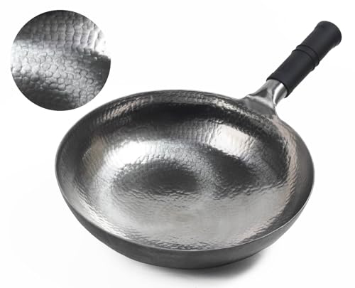 Mecete Wok pan 5th Generation, Traditional Hand Hammered Uncoated Carbon Steel Pow Wok Total Steel Handle, Handle and Wok in one Piece(13.38 Inch, Round Bottom) 1.8 mm Thickness FDA Approved