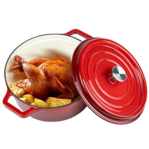 Miereirl 6.5 QT Enameled Dutch Oven Pot with Lid, Cast Iron Dutch Oven with Dual Handles for Bread Baking, Cooking, Non-stick Enamel Coated Cookware (Red)