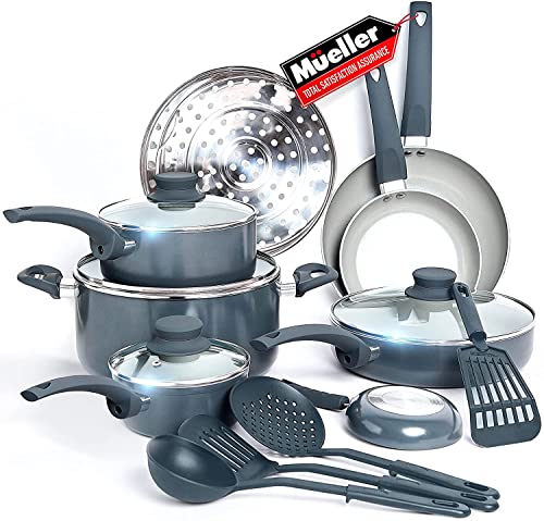Mueller Pots and Pans Set Non-Stick, 16-Piece Healthy Stone Cookware Set Butter Warmer, Aluminum Body, Deep Fry, Fry Pan, Sauce Pan, Pot, Stainless Steel Steamer, Vac-Free Vented Glass Lids, Gray
