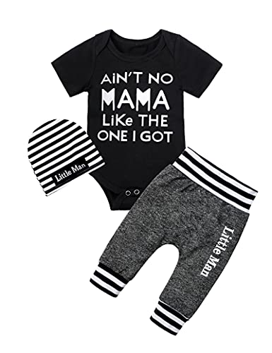 Newborn Baby Boy Clothes New to The Crew Letter Print Romper+ Pants+Hat 3PCS Outfit, Black+grey03, 0-3 Months