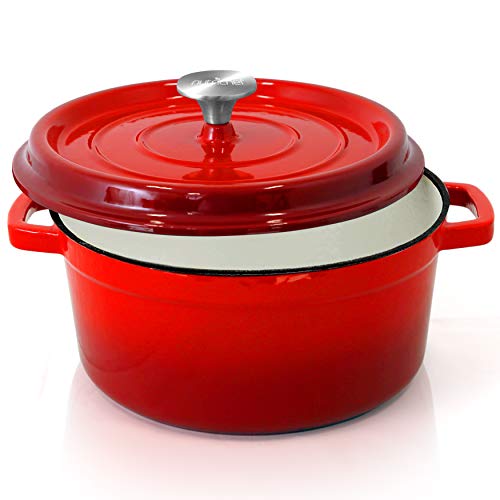 NutriChef Enameled Cast Iron Dutch Oven - 5-Quart Kitchen Round Dutch Oven Stovetop Casserole Cookware Braising Pot, Porcelain Enamel Coated Cast-Iron Baking Pots w/Self Basting Lid - NCCIEC45 (Red)