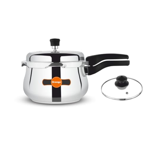 Orange Triply Stainless Steel Outer Lid Handi 2.5L Pressure Cooker with glass lid | Induction Friendly | 5 Year Warranty |Silver