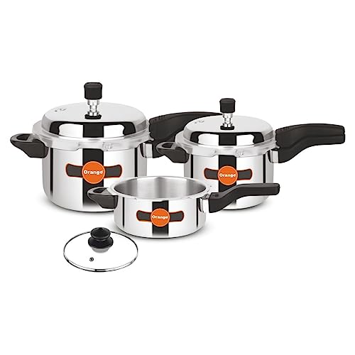 Orange Triply Stainless Steel Outer Lid Pressure Cooker Combo Set of 3 with glass lid,2L, 3L & 5L | Induction Friendly | 5 Year Warranty | Silver(O-Triply Combo 3Pc)