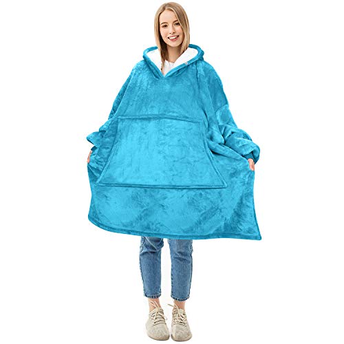 Oversized Blanket Sweatshirt, Super Soft Warm Cozy Wearable Sherpa Hoodie for Adults & Children, Reversible, Hood & Large Pocket, One Size, Light Blue