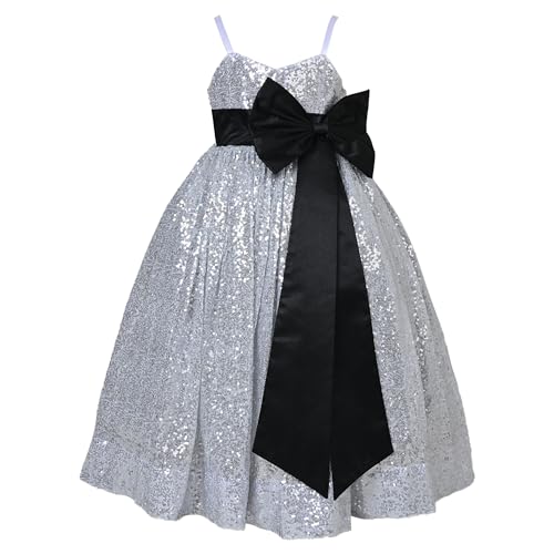 PINK WINGS Girls Big Bow Sequined Gown Dress (10-11 Years, Silver)