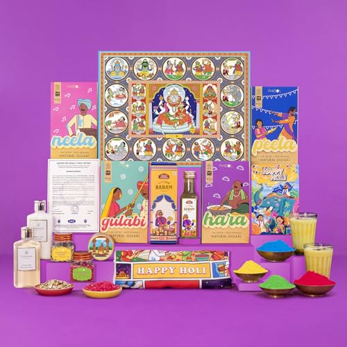 Phool Holi Gulal - Premium Prahlada Box I 13+ Inclusions I 400 GMS Colours, Thandai, Holi T Shirt, Chandan Tika,Tishya - Moisturizer and Shower I Skin Friendly & Certified I Easy to Clean