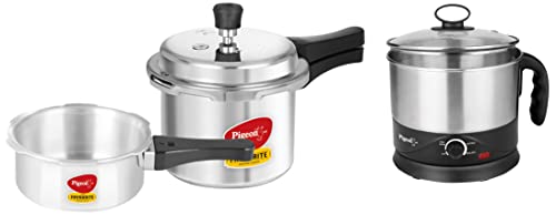 Pigeon Kessel Multipurpose Kettle 600 Watt, 1.2 L with Stainless Steel Body & Mini Combi Aluminium Pressure Outer Lid Cooker Set, 2 and 3 Litres with Common Lid