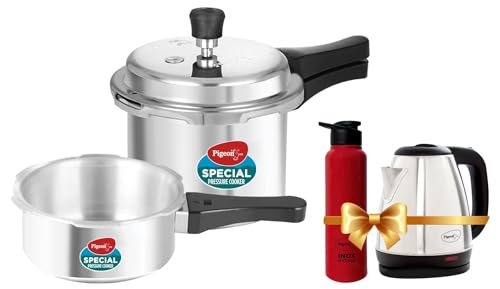 Pigeon by Stovekraft 12708 Pressure Cooker Combo, Outer Lid, Without Induction Base (2 litre and 3 litre, Silver) & Pigeon 1.5 litre Hot Kettle and Water Bottle Combo (Silver)