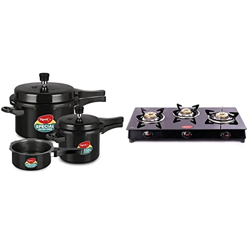 Pigeon by Stovekraft 14414 Induction Base Outer Lid Aluminium Pressure Cooker With Lid, 2L, 3L, 5L, Silver + Pigeon by Stoverkraft Glass Top Aster 3 Burner