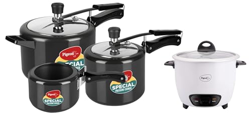 Pigeon by Stovekraft Anodized Pressure Cooker Combo with Induction Base Inner Lid - 2 L, 3 L, 5 L- 14455 (Silver) & Pigeon by Stovekraft Joy 1.8 Liter Electric Rice Cooker 700 Watt, White