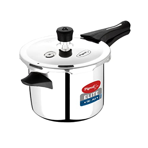 Pigeon by Stovekraft Elite Shine 5 L Tri-Ply Body Outer Lid Pressure Cooker Induction and Gas Stove Compatible that Distributes Heat Evenly for Uniform Cooking (Stainless Steel, Silver)