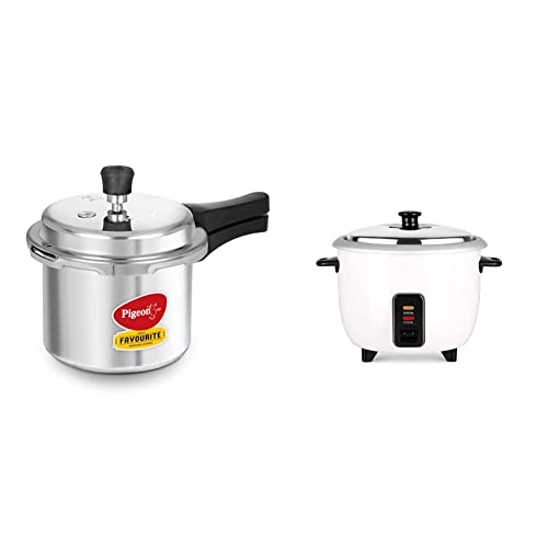 Pigeon by Stovekraft Favourite Outer Lid Non Induction Aluminium Pressure Cooker, 3 Litres, Silver & Pigeon by Stovekraft Joy Rice Cooker with Single pot, 1 litres. A smart Rice Cooker