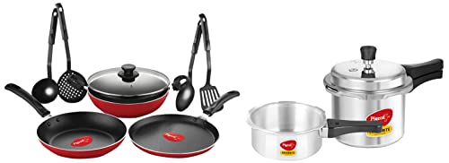 Pigeon by Stovekraft Mini Combi Aluminium Cookware Set, 2-Pieces (2+3 litres), Silver + Pigeon by Stovekraft Mio Aluminium Gift Set, Red (8 Pieces)