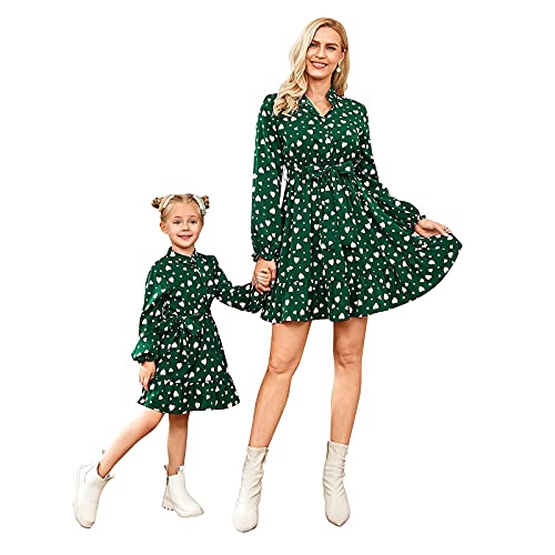 PopReal Mommy and Me Outfits Green Love Print Long Sleeve Short Dress Family Matching Clothes, Green, Medium