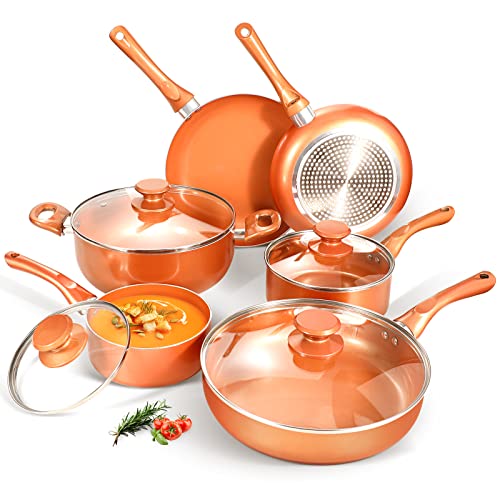 Pots and Pans Set, Cookware Set, Copper Pan Set, Nonstick Ceramic Coating, Saute Pan, Saucepan Stockpot with Lid, Fry Pan, Copper, 10pcs