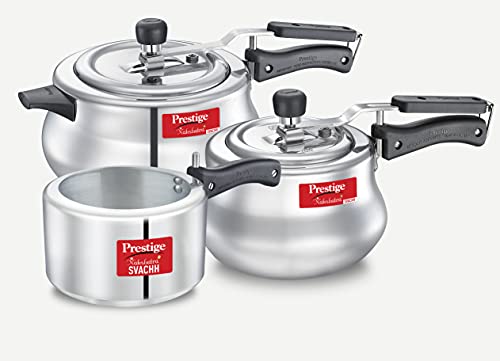 Prestige 5/3/2 litres Nakshatra Plus Svachh Induction Base Inner Lid Aluminium Pressure Handi | Deep Lid Controls Spillage | Silver | 2 Lid | Metallic Safety Plug | Anti-Bulge Base, 2 Liter