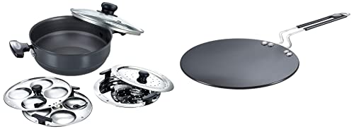 Prestige Aluminium Multi-Kadhai 22 cm, Black & Silver Hard Anodised Aluminium Plus Cookware Induction Base Roti Tawa, 22.5cm, Black